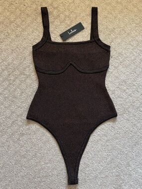 ✨NWT Lulu's Brown Shimmer Bodysuit Metallic Thong Bodysuit Medium Going Out Chic